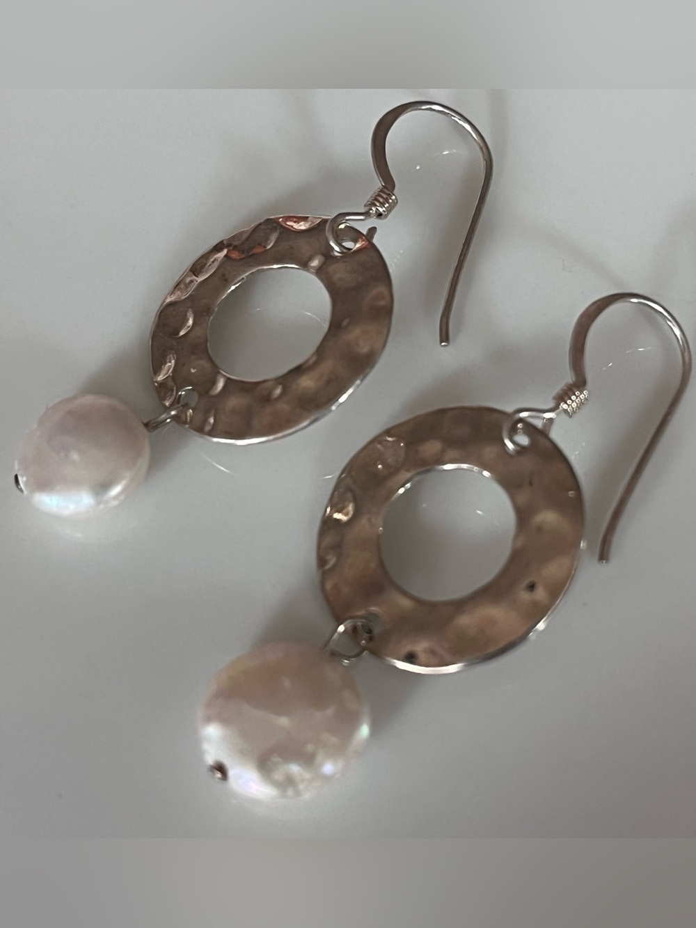 Hammered Copper Hoop Drop Earrings with Drop White Pearl